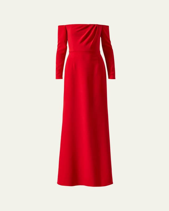 Draped Long-Sleeve Off-The-Shoulder Trumpet Gown